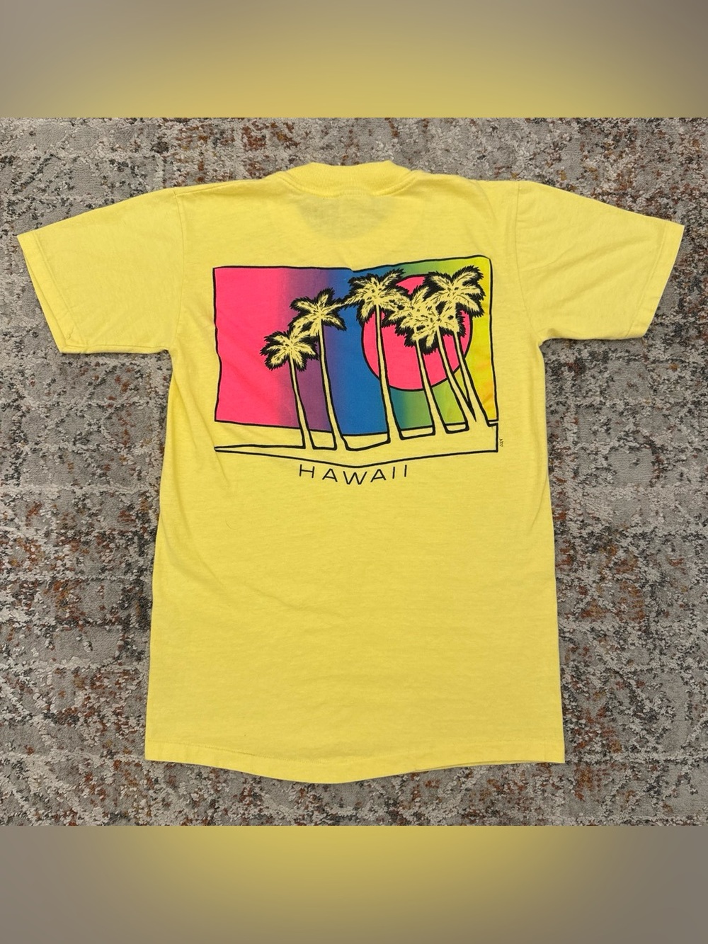 Vtg 80s Stedman Hawaii T Shirt S Yellow Neon Palm Tree Sunset Single Stitch USA